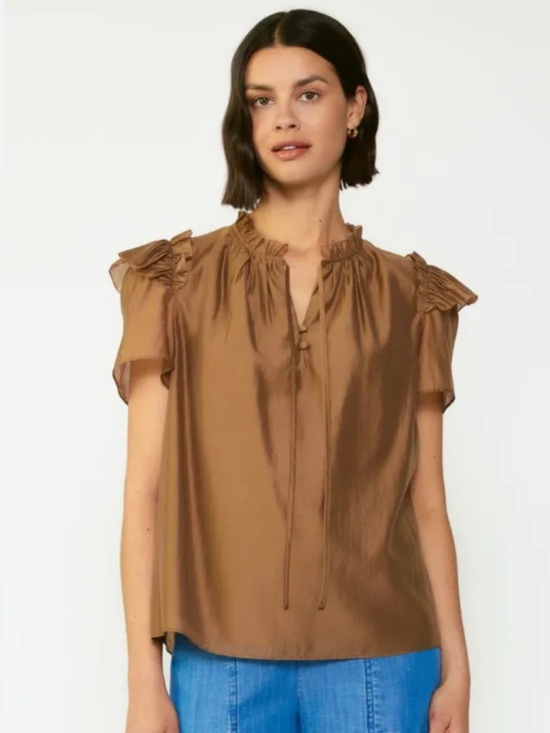 Anna Rae Tops - Anna Rae Taupe Brown Flutter Sleeve Ruffle Blouse